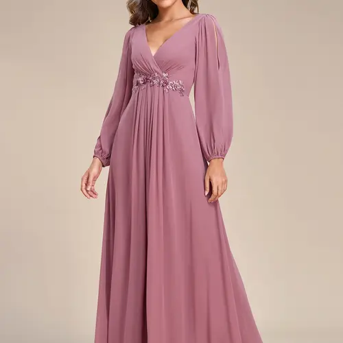 Ever-Pretty 2026 Spring  Evening dress Elegant Chiffon V-Neck Long Sleeve Formal Evening Dress ,Fall Weddings & Special Occasions  ,Evening  dress Spring  dress,holiday dress 00461