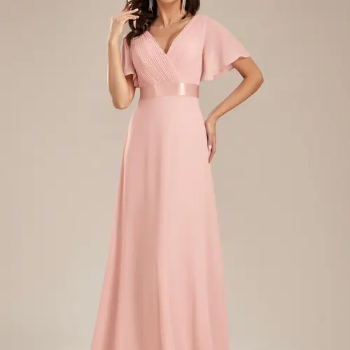 Ever-Pretty 2026 Elegant Chiffon Maxi Formal Dress - Deep V-Neck, Short Flutter Sleeves, Satin Waistband, Minimalist Basic Design for Bridesmaid, Semi Formal Wedding Guest 09890 Womenswear, Shortsleeve, Wedding Guest Dress, Formal Dresses For Women, Bride