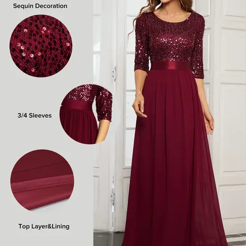 Ever-Pretty Elegant Sequin Evening Dress with Round Neckline & Long Sleeves – Perfect for Weddings, Galas, and Formal Events 00685