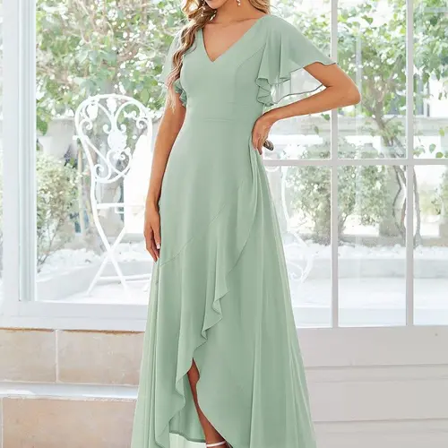 Ever-Pretty  Spring Dress Elegant Minimalist V Neck Chiffon Bridesmaid Dress with Lotus Leaf Hemline & Flattering Fit for Women's Wear,Formal dress , 01749