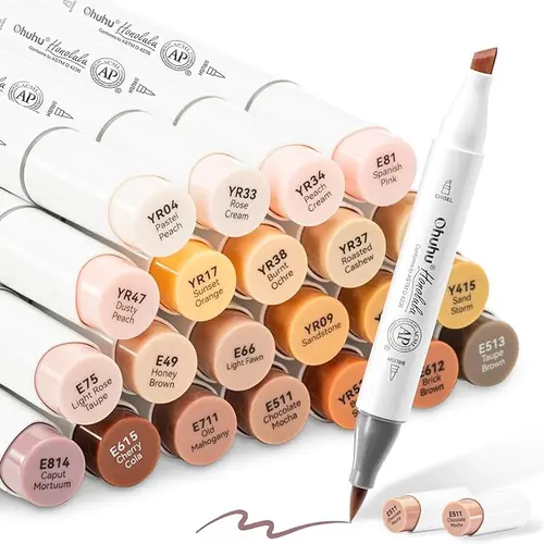 Ohuhu Alcohol Markers: Brush& Fine / Chisel Dual Tips - 24 Skin-tone Colors - Brush Tip for Adults Portrait | AP Certified Refillable Art Marker,  Alcohol-based for Artist Beginner Drawing Illustration, Honolulu & B Series of Ohuhu