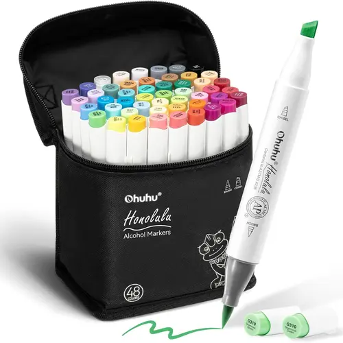 Ohuhu Alcohol Markers: Brush & Chisel / Fine - 48 Colors for Adult Coloring Refillable | AP Certified Art Marker Set, Dual Tips Alcohol-based for Artists Beginners Drawing Illustration Sketching - New Look - Honolulu 2 & 2B Series of Ohuhu
