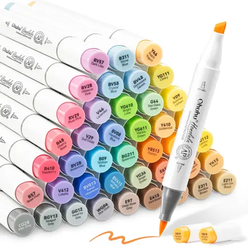 Ohuhu Alcohol Markers - 48 Mid-Tone Colored Brush Markers, Dual Tip Pens (Brush & Chisel/Fine), AP-Certified Refillable Blending Tool, Honolulu & B Series for Artists’ Coloring, Drawing & Painting Supplies
