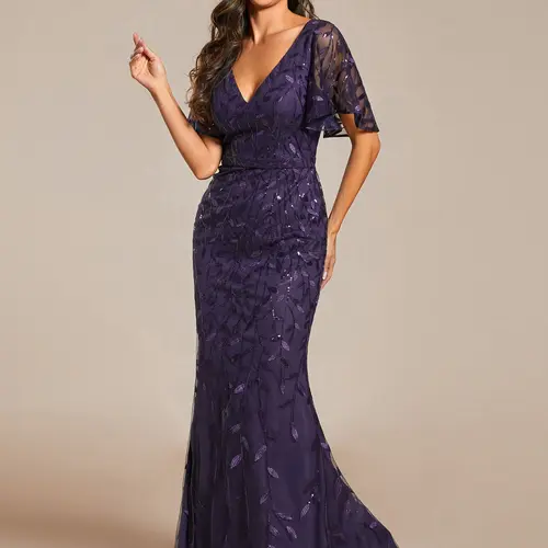 Ever-Pretty 2026 Corset dress Elegant Tulle Mermaid Gown with Deep V-Neck, Flutter Sleeves and Leaf Sequin dress  –  Party Glamour dresss 00693 Glitter Formal dress, Evening dress