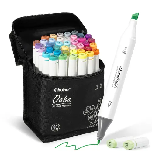 Ohuhu Alcohol Markers: Chisel and Fine Dual Tips - 40 Colors - AP Certificated Double Tipped Art Marker Set for Artists Adults Coloring Illustration - Colorful Marker Pen, Markers For Coloring - Refillable - Oahu Series of Ohuhu