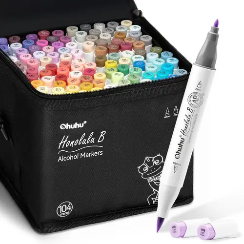 Ohuhu Alcohol Markers: Brush& Chisel / Fine - 104 Colors  for Adults Cozy Coloring | AP Certified Refillable Art Marker, Dual Tips Alcohol-based for Artists Beginners Drawing Illustration Sketching, Honolulu & B Series of Ohuhu - B1G1