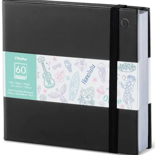Ohuhu Marker Pads Art Sketchbook: 6.3"x6.3" Mini Sketchbook - 90 lb/150 gsm Smooth Drawing Paper - 60 Sheets/120 Pages  Bleedproof - Hardcover Sketching Book PU for Alcohol Markers - Double-Sided - Marker Pad Series of Ohuhu