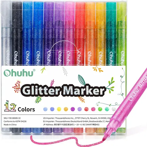 Ohuhu Glitter Markers Pen: Fine Tip - 12 Glitter Colors / 24 Metallic Glitter Colors - 0.7mm/3mm - Metallic Shimmer Marker Fine Tip Water-based Ink for Kids Adults DIY Crafts Greeting Birthday Cards Making Mugs Wood - Glitter Markers Series of Ohuhu