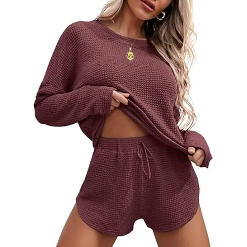 Ekouaer Women's 2-Piece Waffle Knit Sweatsuit, Casual Loungewear Set with Long Sleeve Top and Pocketed Shorts for Jogging, Nightwear, Knitted, Two Piece Sets