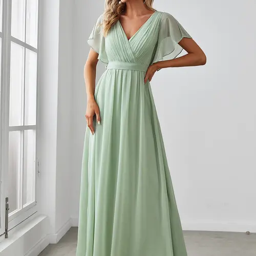 Ever-Pretty  Vneck A-Line Pleated Shortsleeve Chiffon Tie-Waist for Wedding dresses,  Minimalist Formal Events EE0164 Womenswear Comfort