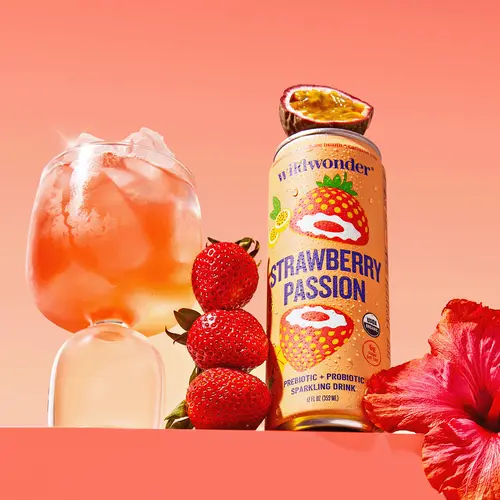 wildwonder Sparkling Probiotic Strawberry Iced Beverage - Organic Vegan Low Sugar 12oz Can, 5g Prebiotic Fiber, Live Probiotics, Gut Health & Immune Support, Strawberry Passion Flavor, Sweet Fruit Water, summerwins