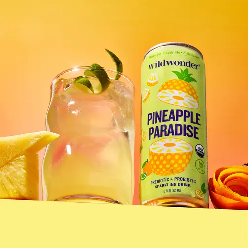 wildwonder Sparkling Probiotic Beverage, Pineapple Paradise Flavor, 12oz Can, Organic Vegan Low Sugar, 5g Prebiotic Fiber, Live Probiotics, Gut Health & Immune Support, summerwins Fruit Drink