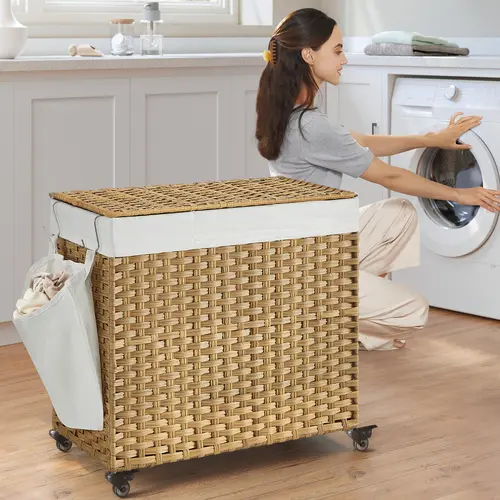 SONGMICS Laundry Hamper with Lid,  Large Capacity, Rolling Laundry Basket with Wheels, 3-Section Synthetic Rattan, Removable Liner