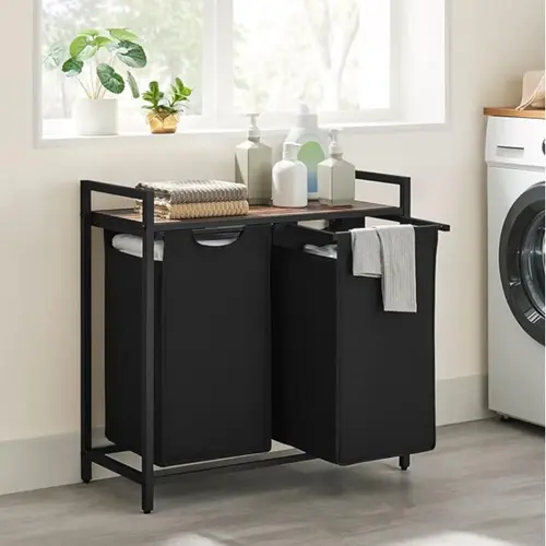 SONGMICS VASAGLE Rectangle Divided Laundry Organizer - Top Shelf, Pull-Out Bag Compartment Dirty Clothes Hamper, Modern Home Storage Clothes Basket, Clothes Baskets
