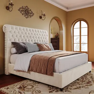 AMERLIFE 52.8" High Bed Frame with Sleigh Headboard, Modern Velvet Upholstered Platform Bed with Deep Button Tufted Headboard/Studded Trim, Queen/King Size/Unique Bedroom Furniture/Best Gift Ideas/Christmas Gifts[tiktokshopbacktoschool][SohoChic]