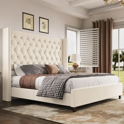 AMERLIFE 61.4" Tall Bed Frame, Modern Upholstered Bed, Wingback Headboard, Velvet Tufted Handcrafted Pleat Deep Button/Comfort Luxury Design/Interior Wood Slats/No Box Spring Needed, Queen/King Size/Christmas Gifts[tiktokshopbacktoschool][SohoChic]