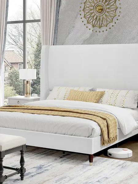 AMERLIFE Platform Bed Frame with 51.2" Tall Headboard, Upholstered Bed with Wingback/Solid Wood Legs/Durability&Silent/No Box Spring Required, Furniture/Full/Queen/King/Bed with Reinforced Structure&Complete Hardware Kit[tiktokshopbacktoschool][SohoChic]