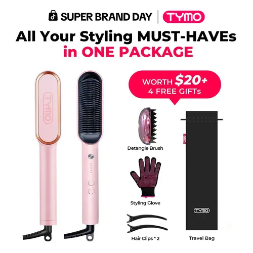 TYMO Ring Pink Hair Straightener Comb & Curler (Beauty Product), 5 Temp Settings, Dual Voltage, Fast Heating, 3D Brush Teeth, Anti-Scald, Auto-Off, Heat Protection, Frizz Control, All Hair Types, Salon Styling Tool, Travel Bag, Ideal Gift,toolupgrade