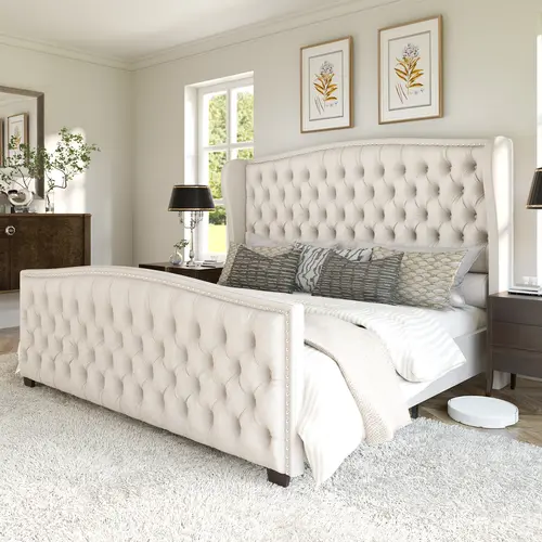 AMERLIFE Modern Bed Frame, Upholstered Bed with Deep Button Tufted & Nailhead Trim Wingback Headboard/No Box Spring Needed/Queen/King/California King Size/Christmas Gifts[tiktokshopbacktoschool][SohoChic]
