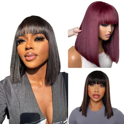 Put On And Go Realistic Glueless Yaki Straight Bob With Bangs Minimalist Undetectable HD Lace Wig