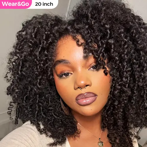 CurlyMe Wear Go Glueless Afro Kinky Curly Human Hair Wig Pre Bleached Tiny Knots Pre Cut 7X5 HD Lace Front Wig Pre Plucked Natural Hairline Beginner Friendly - Natural Black #SohoChic #TikTokShopBackToSchool