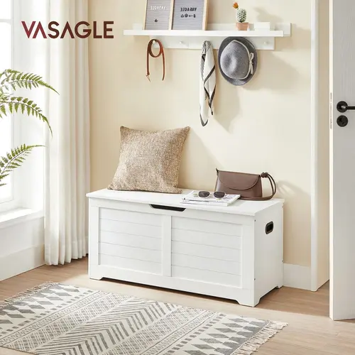 SONGMICS Farmhouse Furniture Storage Chest with 2 Safety Hinges, 2-Side Grab Handles & Sturdy Particleboard - Multi-Functional Bench for Room Storage & Organization