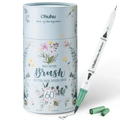 Ohuhu Markers: Fineliner & Brush - 60 Colors - No Bleeding Coloring Markers - Water-based Dual Tips Drawing Pens Art Pens for Kids Adults Sketch Journal - White / Black - Maui Series of Ohuhu