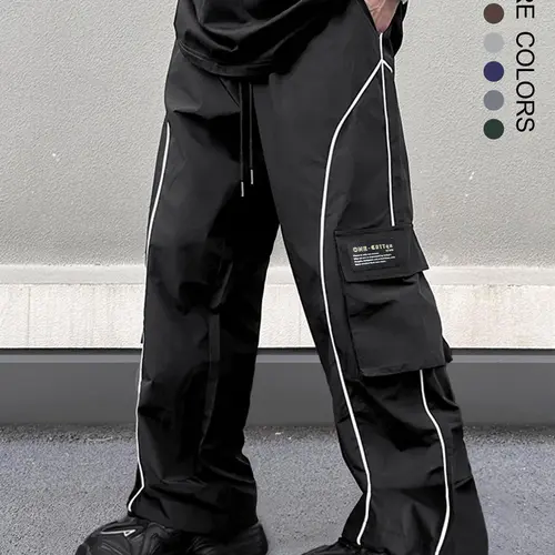 Men's Loose Baggy Letter Patched Contrast Binding Pocket Detail Drawstring Cargo Pants, Mens Pants, Casual Trousers for Spring Fall Winter, Menswear