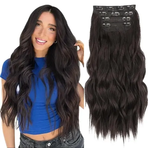 AISI HAIR Glueless Clip-in Synthetic Fiber Hair Extensions, 4PCS Double Weft Long Hairpieces, 20/24 Inch Black Brown Wavy/Straight Heat-Resistant Extensions for Women, Can Be Cut Permed and Washed,sohochic