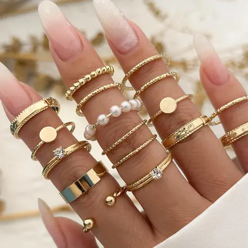 Women's 16-Piece Rhinestone Imitation Pearl Ring Set, Punk Style Alloy Jewelry, Plain Design, All Seasons Accessory