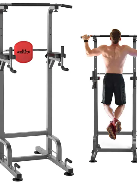 RELIFE Adjustable Steel Power Tower - 400lb Capacity Calisthenics Equipment, Multi-Level Fit Dip Station Attachment Pull-Up Bars, Home Fitness Equipment for Muscle Training, Muscle Training Equipment