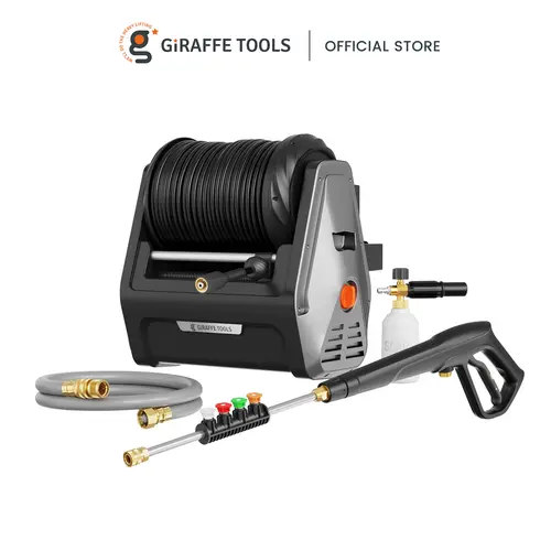 Giraffe Tools Grandfalls Wall-mounted Retractable Pressure Washer Plus 2900PSI 2.2 GPM for Detailing, 2X Lower Noise, 100ft replaceable Ultra-Soft Hose can be Removed, Eco-Friendly Reuse, 5 Nozzles, Ready-To-Use Design, 2 years warranty, Wal