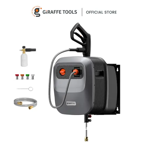 Giraffe Tools Grandfalls Retractable Pressure Washer G20 2400 PSI 2.0 GPM ,180° Swivel Metal Bracket Wall Mounted Power Washer, Auto-Retract with 65ft Pressure Hoses, Any Length Lock, 5 Nozzles for Floor/Cars/Fences/Patios, 2 years warranty
