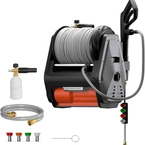Giraffe Tools Grandfalls 3700 PSI 1.6 GPM Wall-mounted Retractable Pressure Washer Pro with 100ft Replacable High-Pressure Ultra-Soft Grey Hose, Upgraded Motor & Total Stop System Eco-Friendly, Pro Car Detailing, Large Estates & Driveways, 2 year-warranty