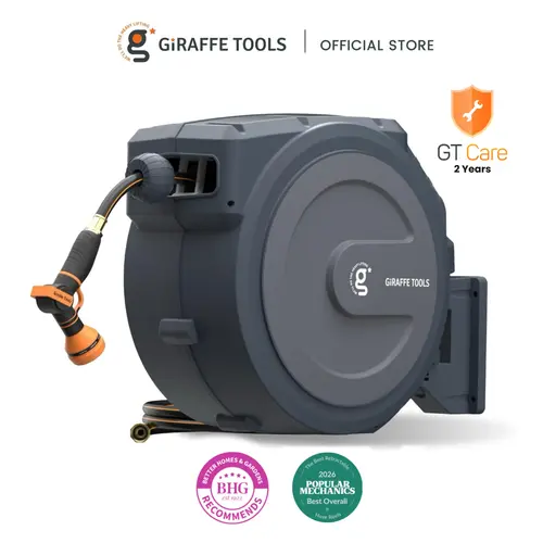 Giraffe Tools 5/8in 1/2in 90ft-130ft Tangle-Free Kink-Free Ultra-fast tidy Retractable Hose Reel 300LB Metal Bracket with 180° Rotate Large Cover, Bob vila best overall, locked in any length, 9 Adjust-Nozzle, 2 years warranty, SummerWins, G