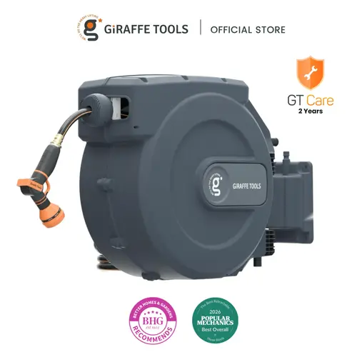 115ft+5ft 5/8in Giraffe Tools Retractable Garden Hose Reel Bob Vila Best overall Heavy Duty Wall Mounted Water Hose Reel Automatic Rewind, 180 Deg Swivel Bracket, Slow Retraction,9 adjustable Nozzle, 2 years warranty, SummerWins