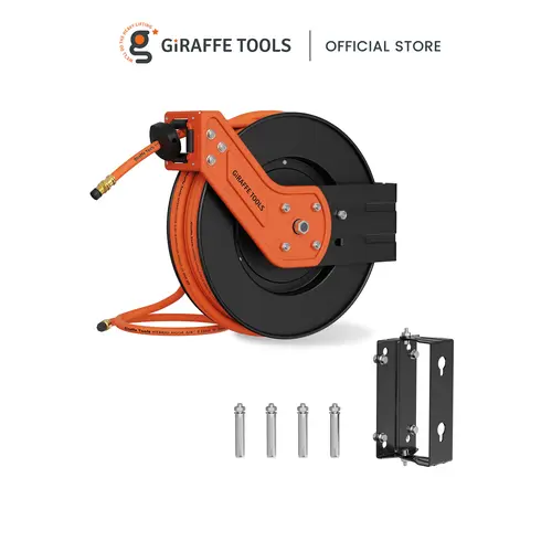 Giraffe Tools Retractable Air Hose Reel-Alloy Steel Reel-3/8in x50 FT Hybrid Air Hose Max 300 PSI,Wall Mount Heavy Duty Double Arm Steel Reel