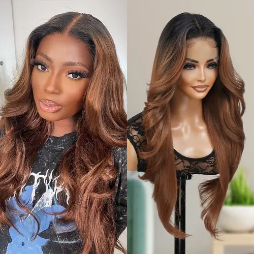GLAM21USA The Stylist 28" Straight Human Hair Blend Lace Front Wig, Pre-Plucked Curtain Bangs, 13x6 HD Invisible Lace Frontal, Natural Textured, Synthetic Hair Tastee, Human Hair Wig, 28 In