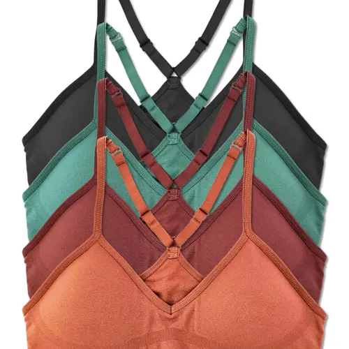 Kalon Women's 4-Pack Solid Racerback Sports Bralettes - Seamless V-Neck Nylon Spandex Wirefree Yoga Bra with Removable Pads, Comfy Fit for Everyday Basics (M, XXS; Check Size Chart; Skin Tones, Bright Vibrant, Earth Tones)