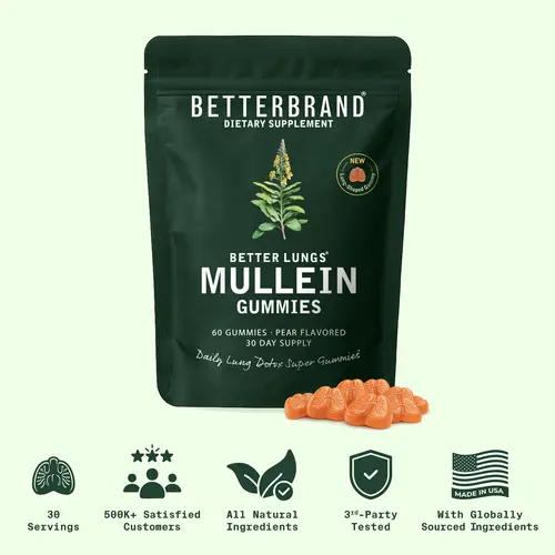 Betterbrand Mullein Lung Detox Gummies for Respiratory Health & Mucus Cleanse - 60 Pear Flavored Chewable Gummies - 30 Servings - Dietary Supplement for Respiratory Health Support
