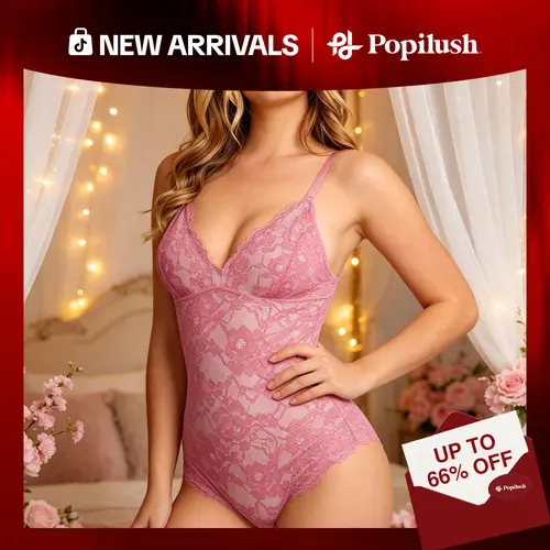 Popilush Basic Full Lace Built in Shapewear Bodysuit Women Vneck Compression Sleeveless Tummy Control Adjustable Bodysuit Womenswear SohoChic