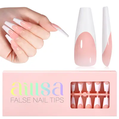 Aillsa Long Coffin White French Tip Press on Nails Acrylic Set - 180pcs Peach Nude/Brown Full Cover Soft Gel Tips, 15 Sizes, Easy to Wear, Soak Off, Reusable, Comfortable Fit, Apply Glue Included, Beauty Products for BackToSchool Sohochic