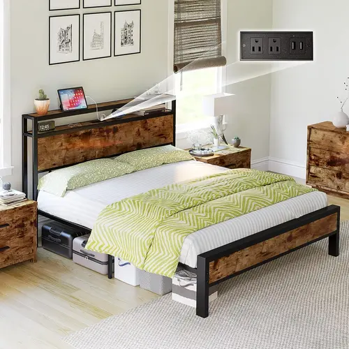AMERLIFE Industrial Full/Queen/King Size Bed Frame, Rustic Metal Bed Frame with 2-Tier Storage Headboard and Charging Station, No Box Spring Needed/No Mattress/Small Unique Home Furniture Room/Best Gift Ideas/Christmas Gifts