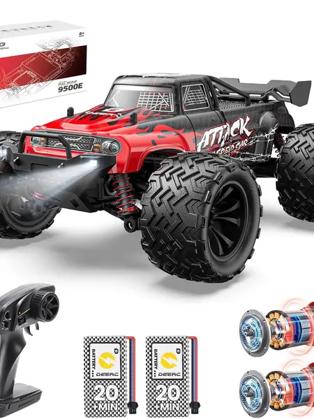 DEERC 1:16 Scale 4WD Remote Control Truck, 2.4Ghz 40 KPH High Speed Off-Road Car, 4WD Sand/Rock Grip, 50° Slope Climb, 2 Rechargeable Batteries, Up to 40+ Min Run, Rugged Design, PVC-Free, Kids’ Fun Birthday Gift for Teens Ages 8+ (Car Theme)