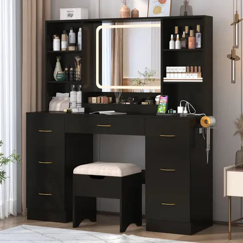Women's 47in Sturdy Freestanding Vanity Desk Set - MDF Board, Built-in LED Lights Mirror, Drawers, Storage, Vanity Chair, 3 Lighting Modes, 2 Plug Sockets, 2 USB Ports - Ideal for Dressing Room Modern Indoor Furniture