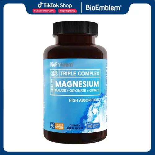BioEmblem Triple Magnesium Complex Capsule Supplements - 300mg Glycinate, Malate, Citrate Daily Dietary Magnesium Supplement for Muscles, Nerves, Calm & Sleep Support - Vegan, Non-GMO, 90 Capsules, Daily Magnesium Supplement, Calm & Sleep Support Mineral