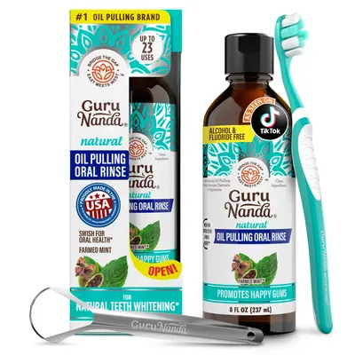 GuruNanda Farmed Mint Oil Pulling Mouthwash with 7 Essential Oils & 3 Vitamins, Promotes Fresh Breath & Happy Gums, Alcohol-Free, 8 fl oz