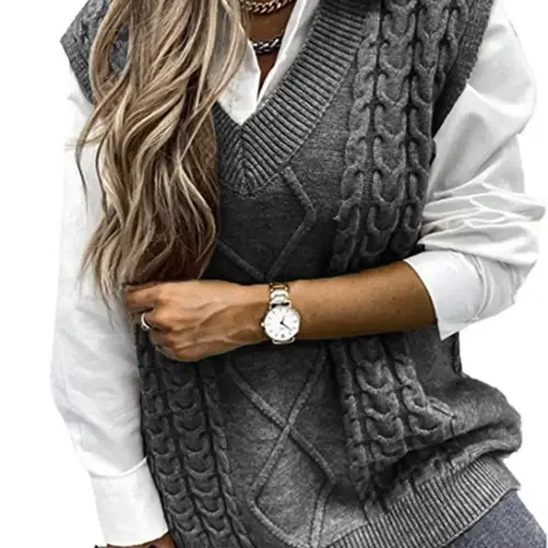 Women's Solid Textured V Neck Sweater Vest, Casual Preppy Cable Knit Pullover for Fall & Winter, Women's Knitwear for Daily Wear, Knit Vest Tops, Casual Knitted Vest