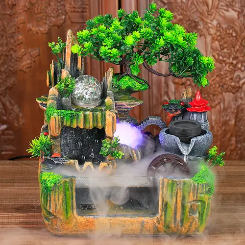 CNCEST Tabletop Classic Crystal Ball Fengshui Mist + LED Combo Fountain - Compact Resin Layered Rock Depth Decor, with Water Pump, Atomizer, Acrylic Mist Maker, Glass Accent, Power Cord, Success-Themed Home Decor for Living Room, Landscape Display