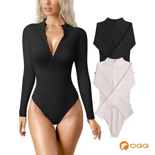 OQQ Women's 2 Piece Bodysuits Sexy Ribbed One Piece Zip Front Long Sleeve Tops Bodysuits,back to school,back to school shopping,sohochic